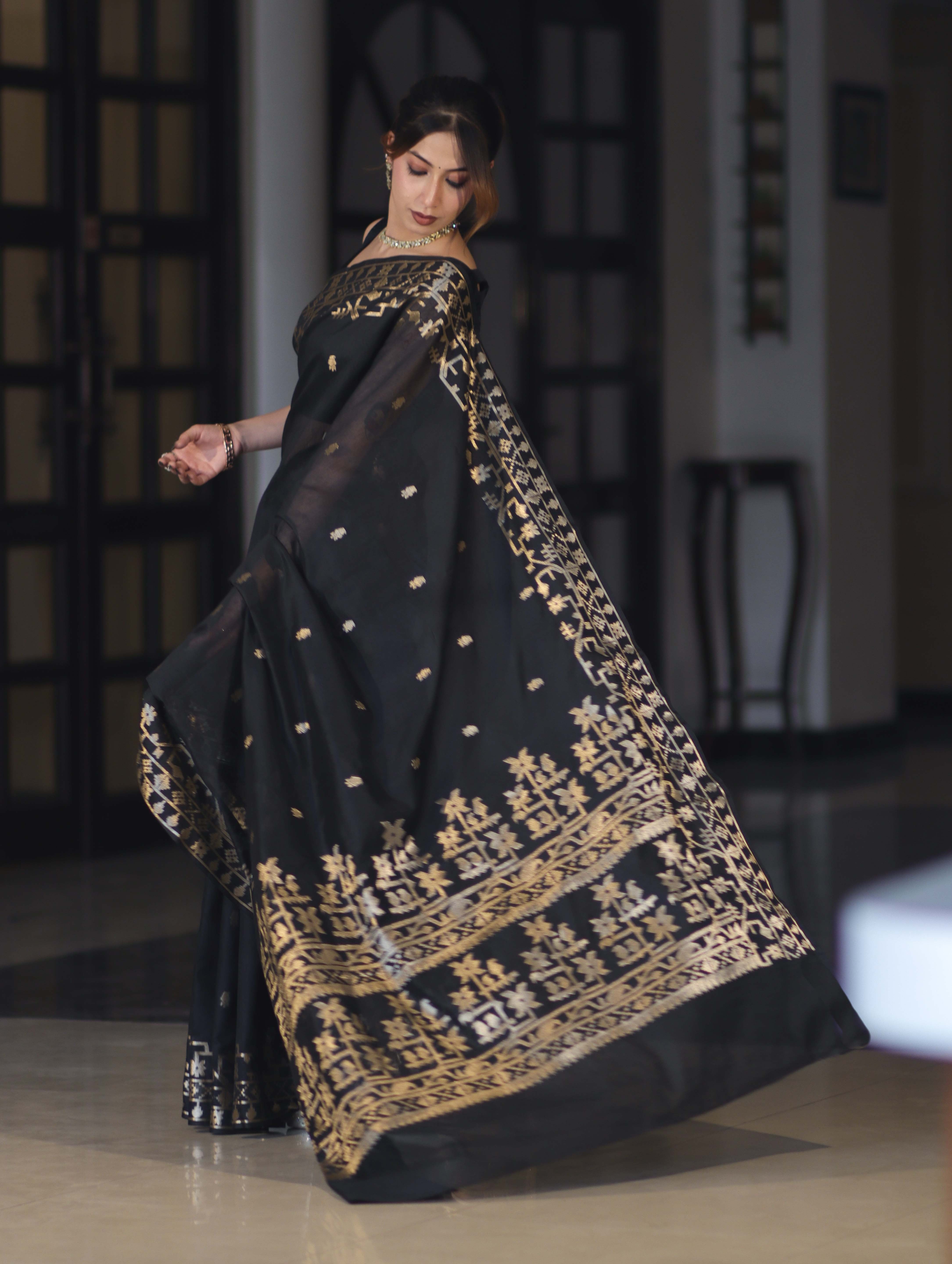 Banarasee Handloom Cotton Silk Saree With Zari Buti Deign & Geometric Border-Black