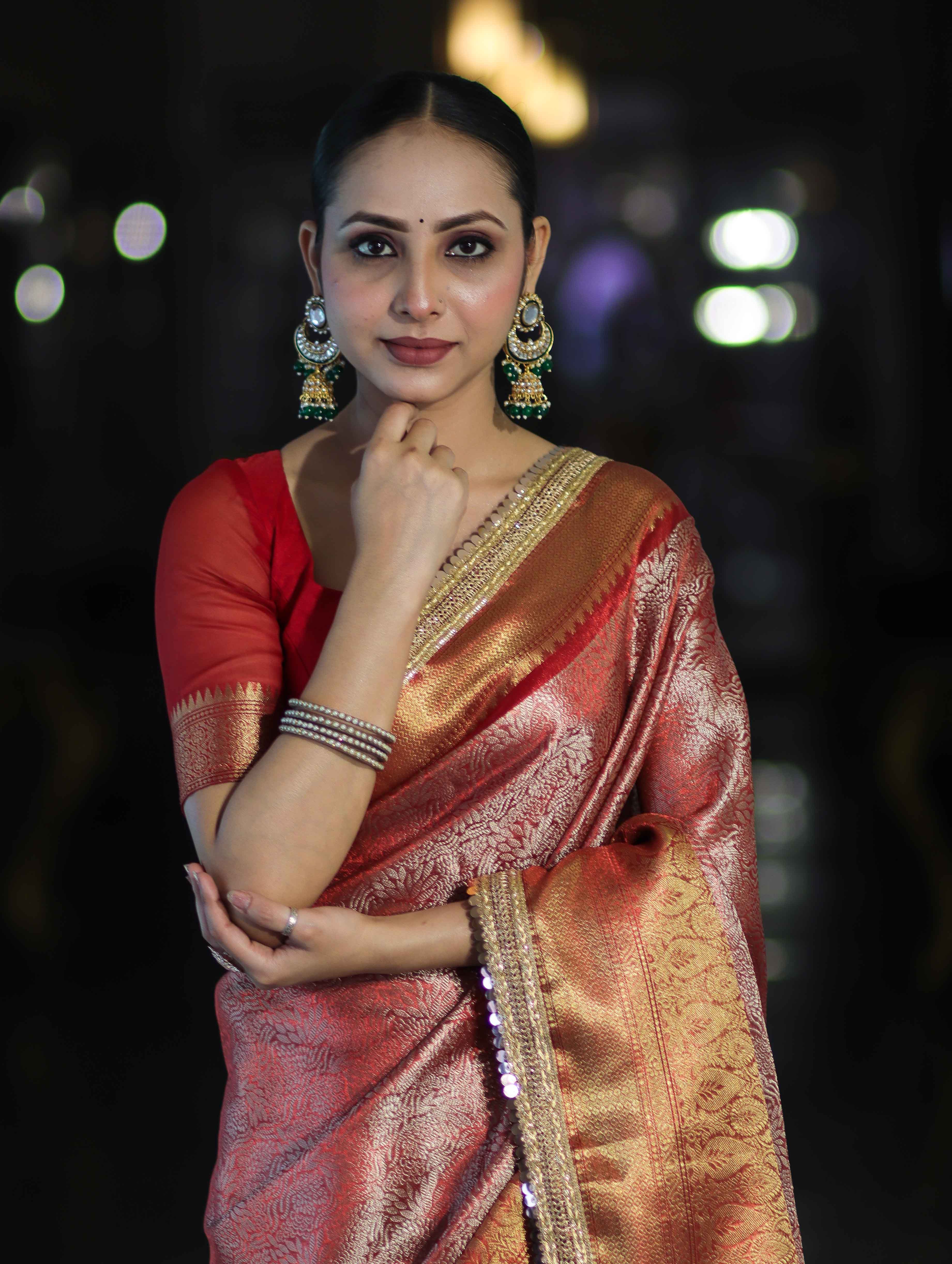 Banarasee Handloom Tissue Saree With Zari Woven Design Broad Border & Lace-Red