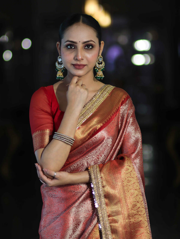 Banarasee Handloom Tissue Saree With Zari Woven Design Broad Border & Lace-Red