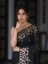 Banarasee Handloom Cotton Silk Saree With Zari Buti Deign & Geometric Border-Black
