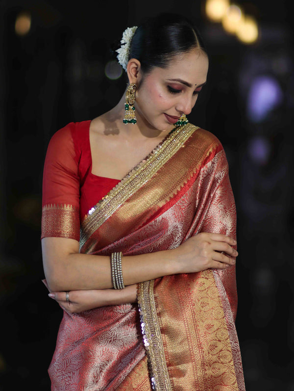 Banarasee Handloom Tissue Saree With Zari Woven Design Broad Border & Lace-Red