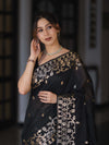 Banarasee Handloom Cotton Silk Saree With Zari Buti Deign & Geometric Border-Black