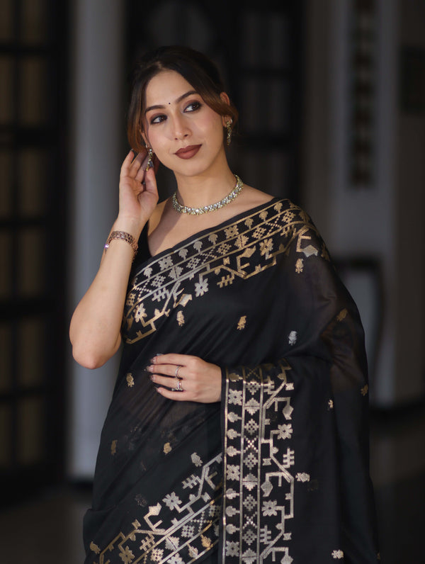 Banarasee Handloom Cotton Silk Saree With Zari Buti Deign & Geometric Border-Black