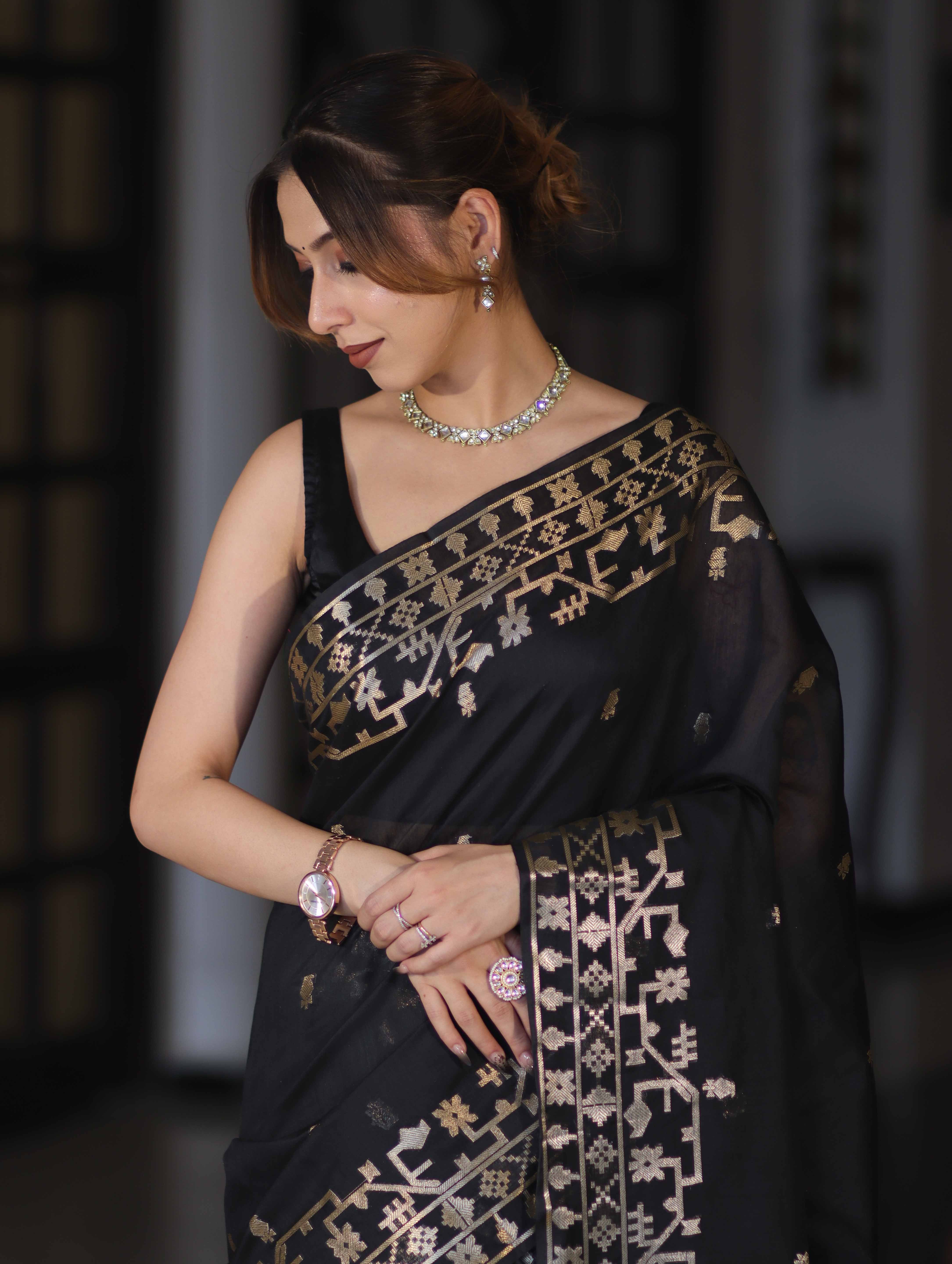 Banarasee Handloom Cotton Silk Saree With Zari Buti Deign & Geometric Border-Black