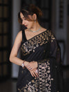 Banarasee Handloom Cotton Silk Saree With Zari Buti Deign & Geometric Border-Black