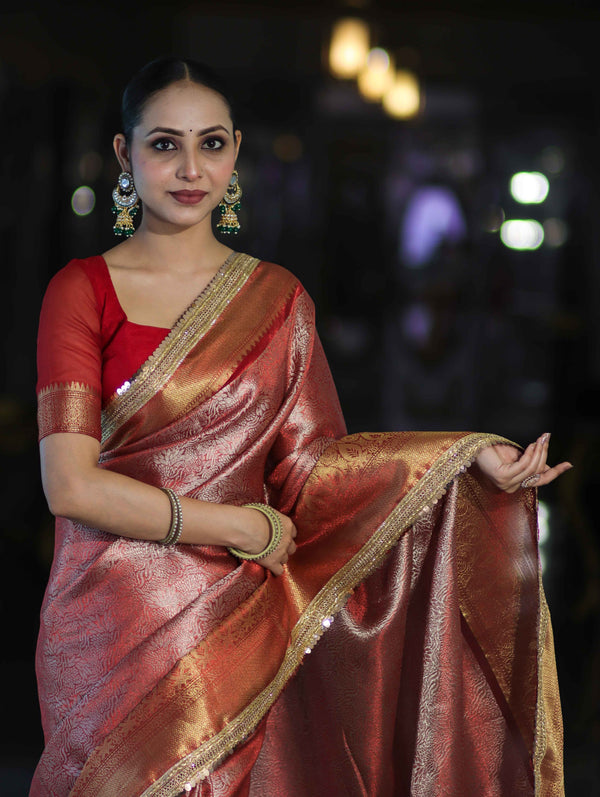 Banarasee Handloom Tissue Saree With Zari Woven Design Broad Border & Lace-Red