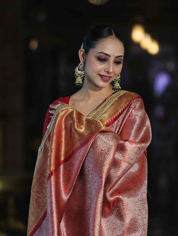 Banarasee Handloom Tissue Saree With Zari Woven Design Broad Border & Lace-Red