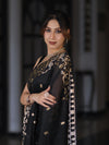 Banarasee Handloom Cotton Silk Saree With Zari Buti Deign & Geometric Border-Black
