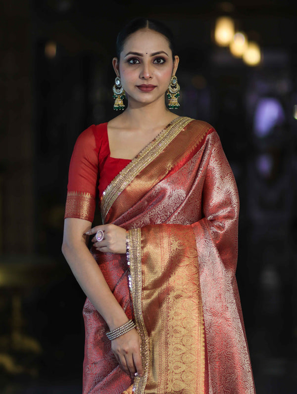 Banarasee Handloom Tissue Saree With Zari Woven Design Broad Border & Lace-Red