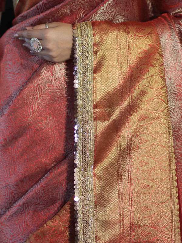 Banarasee Handloom Tissue Saree With Zari Woven Design Broad Border & Lace-Red