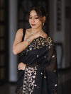 Banarasee Handloom Cotton Silk Saree With Zari Buti Deign & Geometric Border-Black