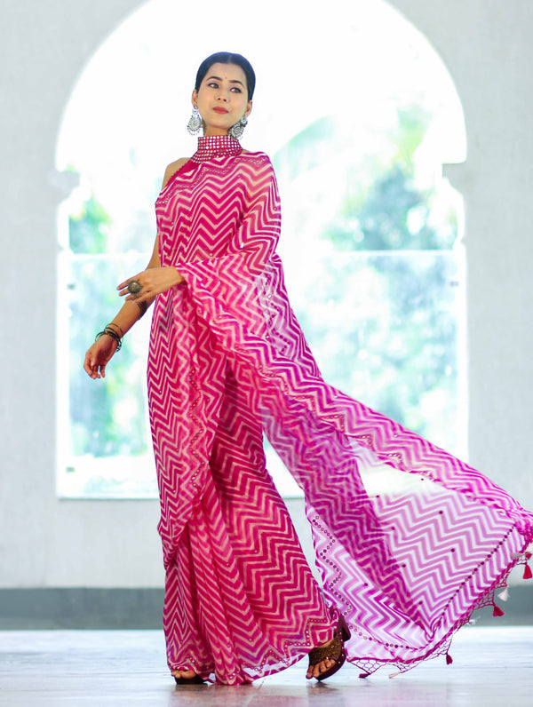 Banarasee Printed Handwork Chiffon Saree-Pink