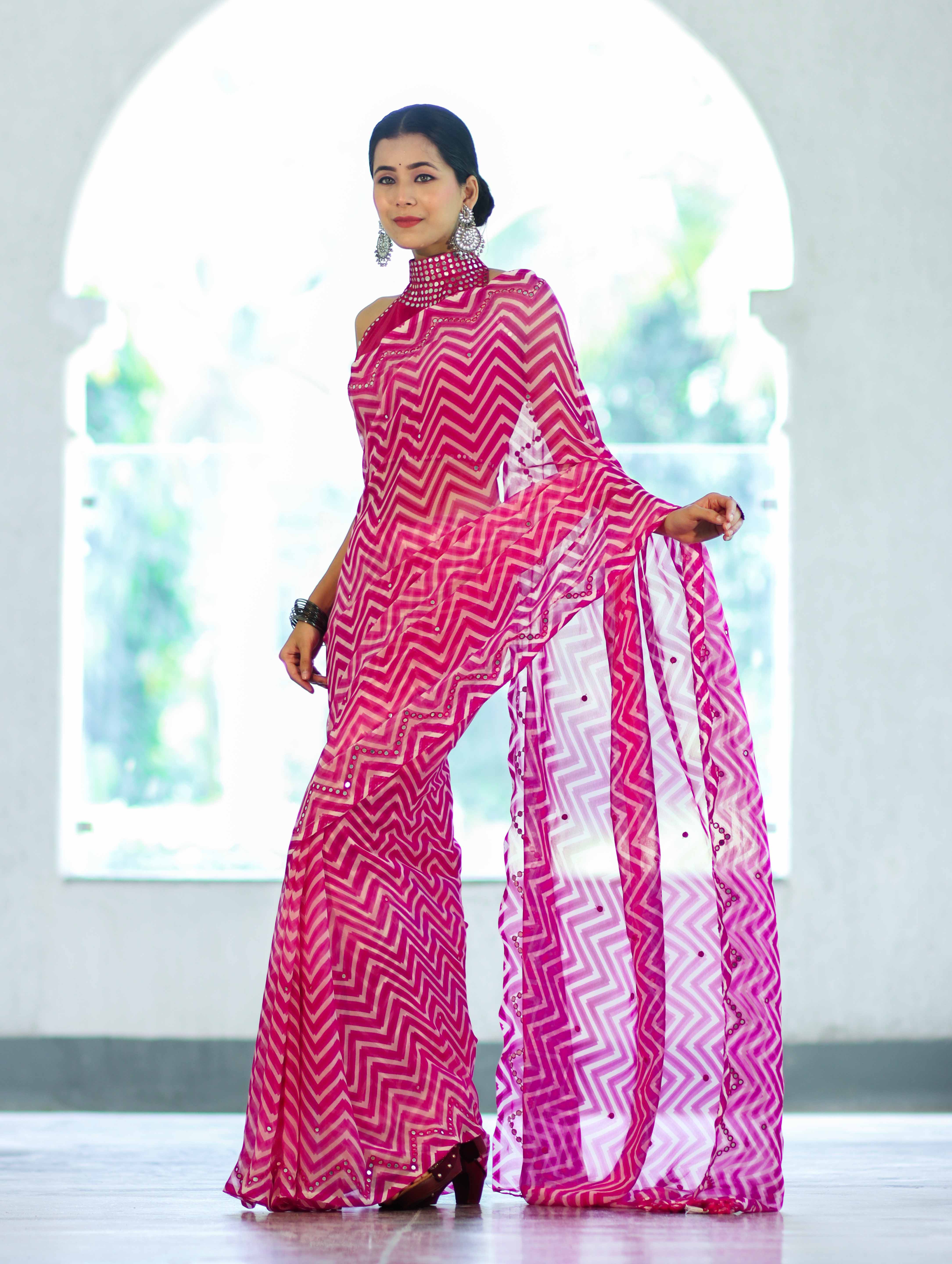 Banarasee Printed Handwork Chiffon Saree-Pink