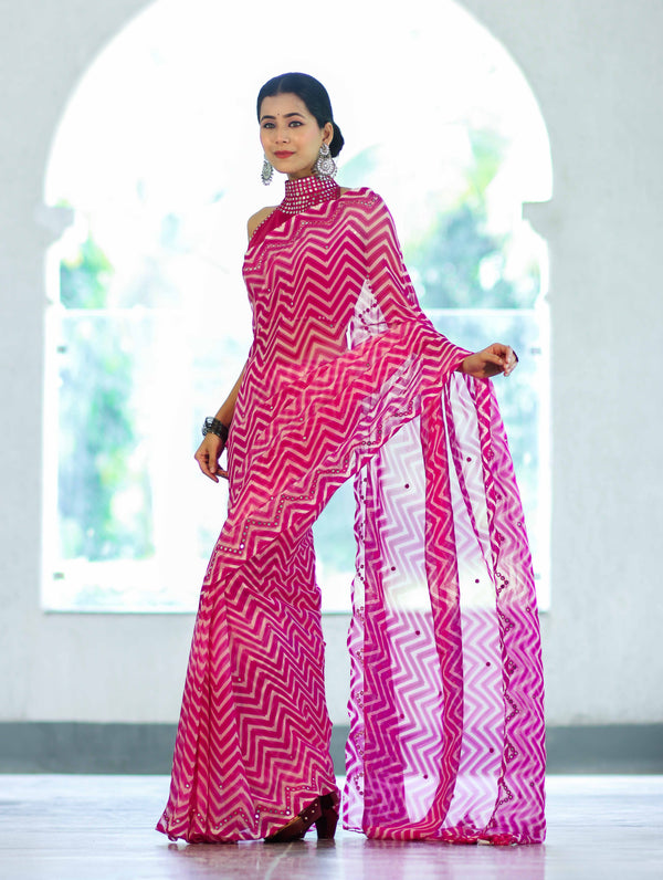Banarasee Printed Handwork Chiffon Saree-Pink