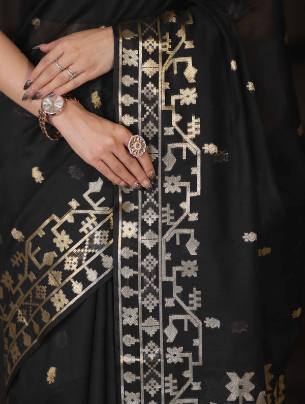 Banarasee Handloom Cotton Silk Saree With Zari Buti Deign & Geometric Border-Black
