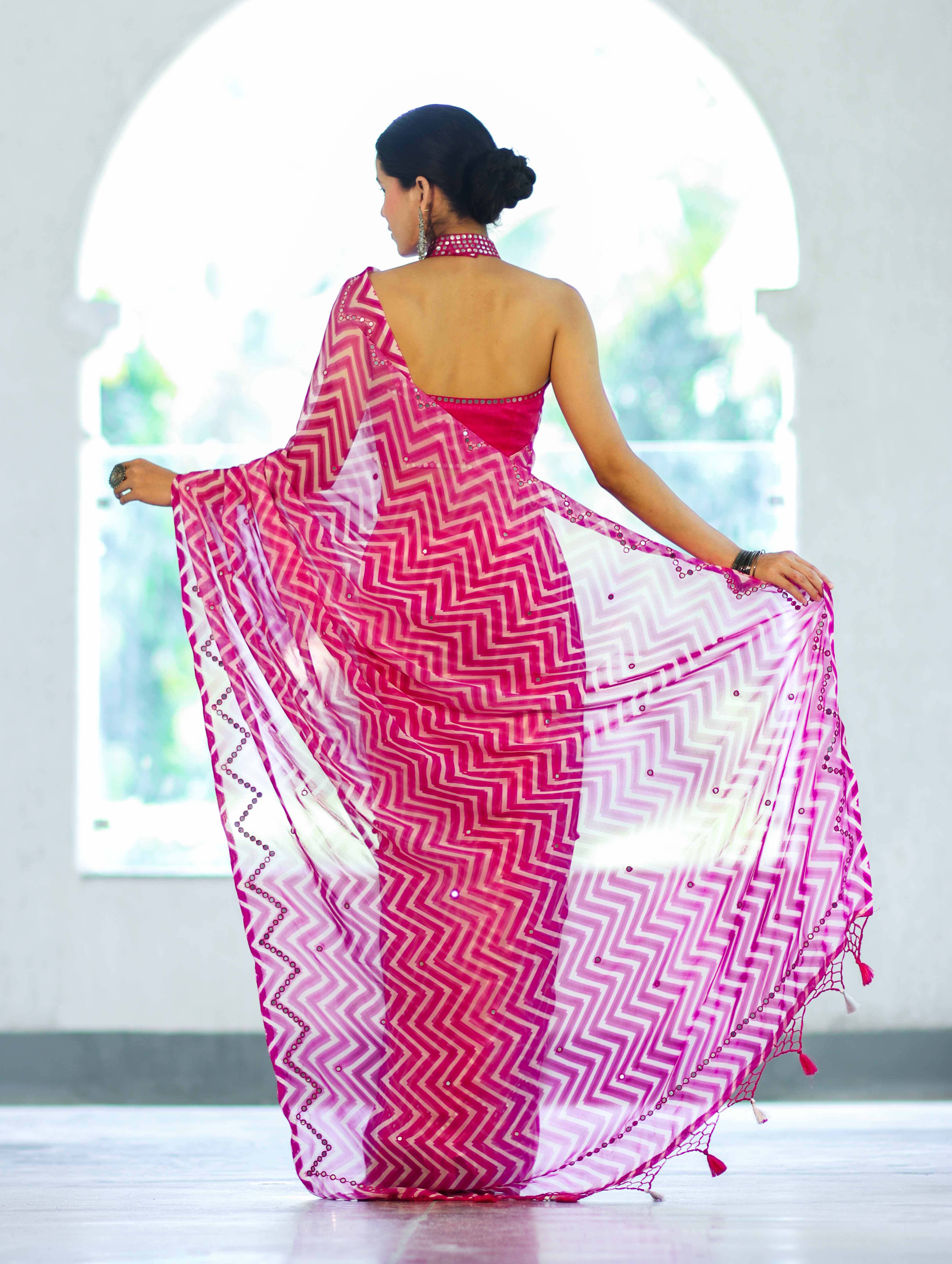 Banarasee Printed Handwork Chiffon Saree-Pink