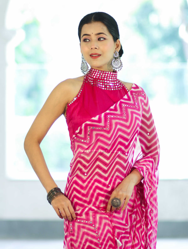 Banarasee Printed Handwork Chiffon Saree-Pink