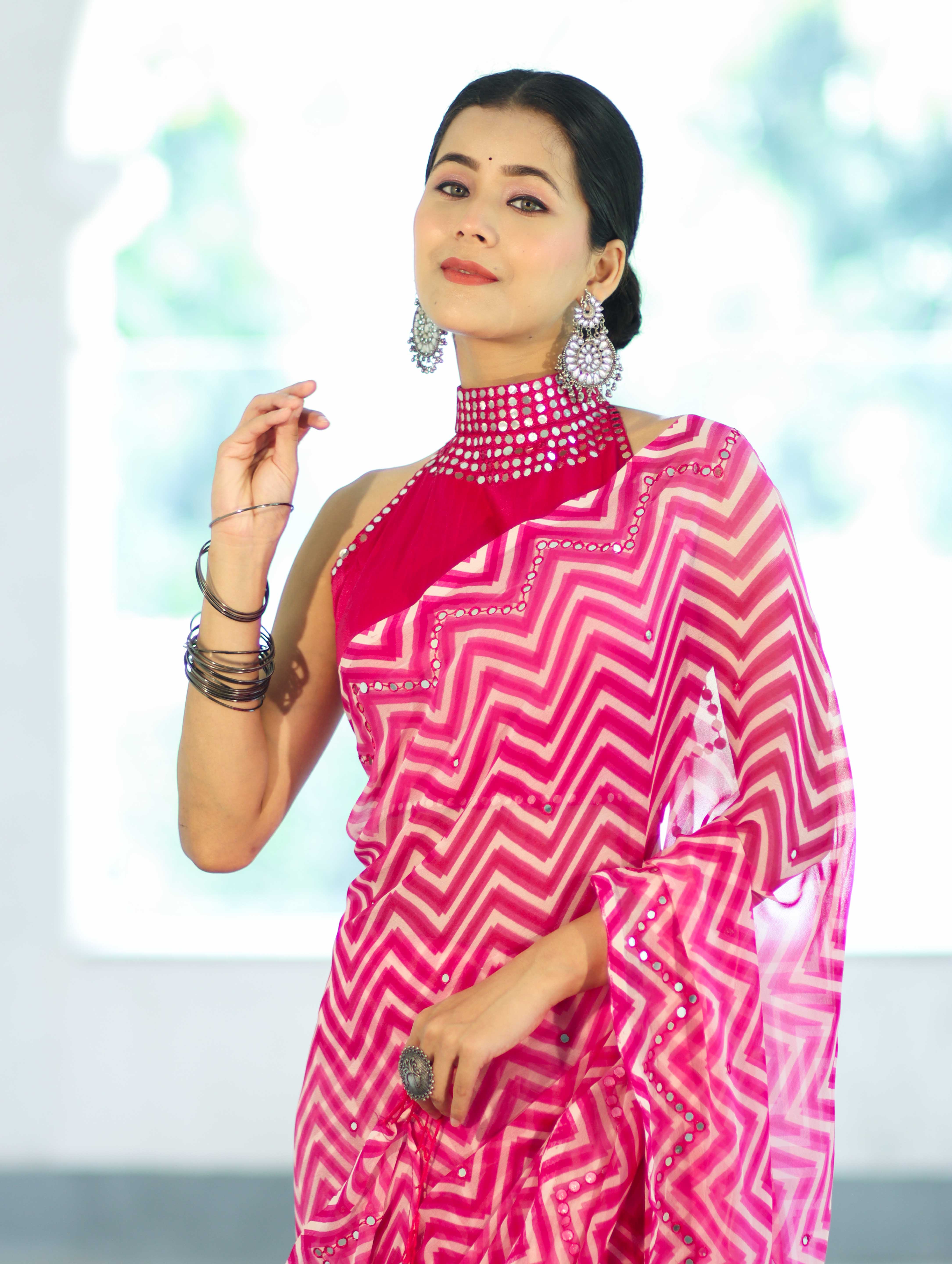 Banarasee Printed Handwork Chiffon Saree-Pink