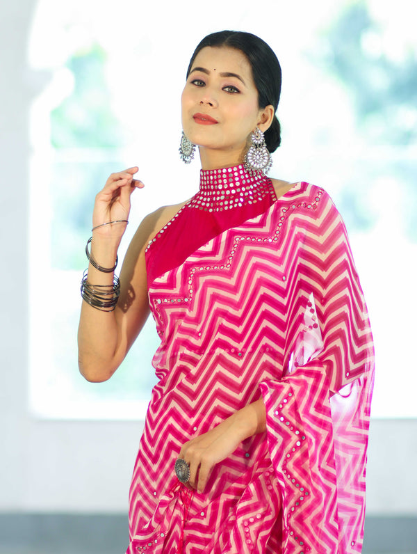 Banarasee Printed Handwork Chiffon Saree-Pink