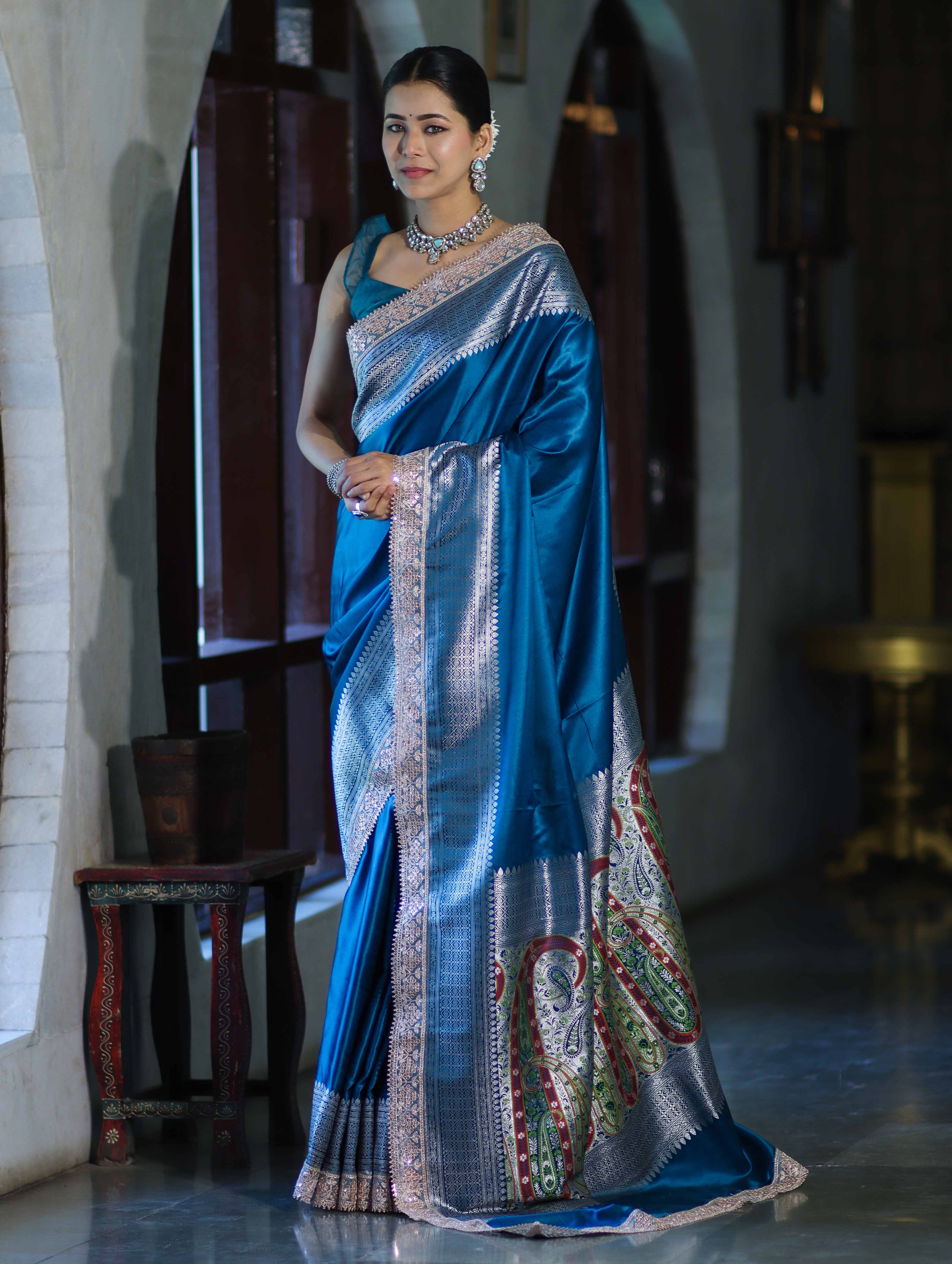 Banarasee Handloom Plain Mashru Silk Saree With Lace Border & Meenadar Pallu-Blue