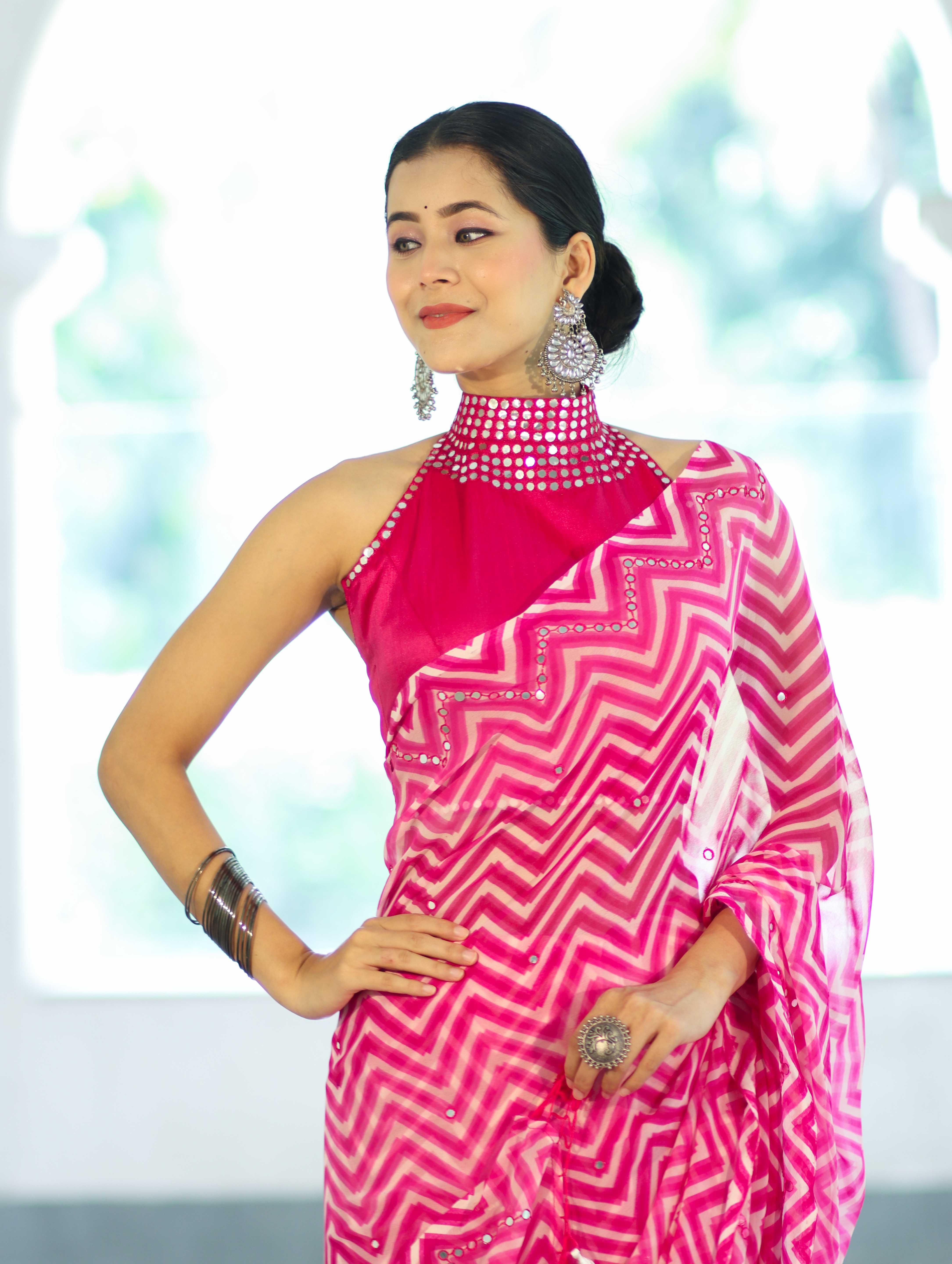 Banarasee Printed Handwork Chiffon Saree-Pink