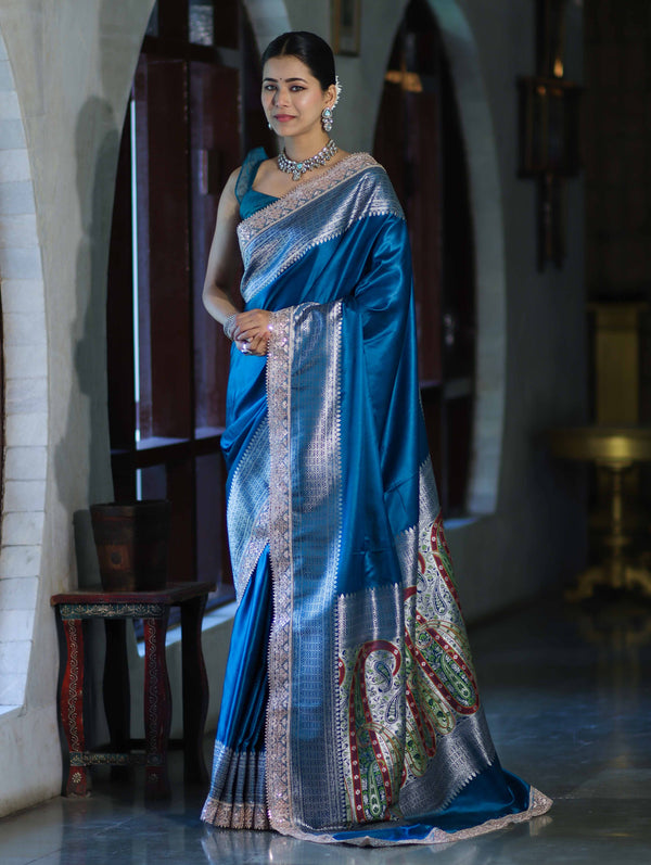 Banarasee Handloom Plain Mashru Silk Saree With Lace Border & Meenadar Pallu-Blue