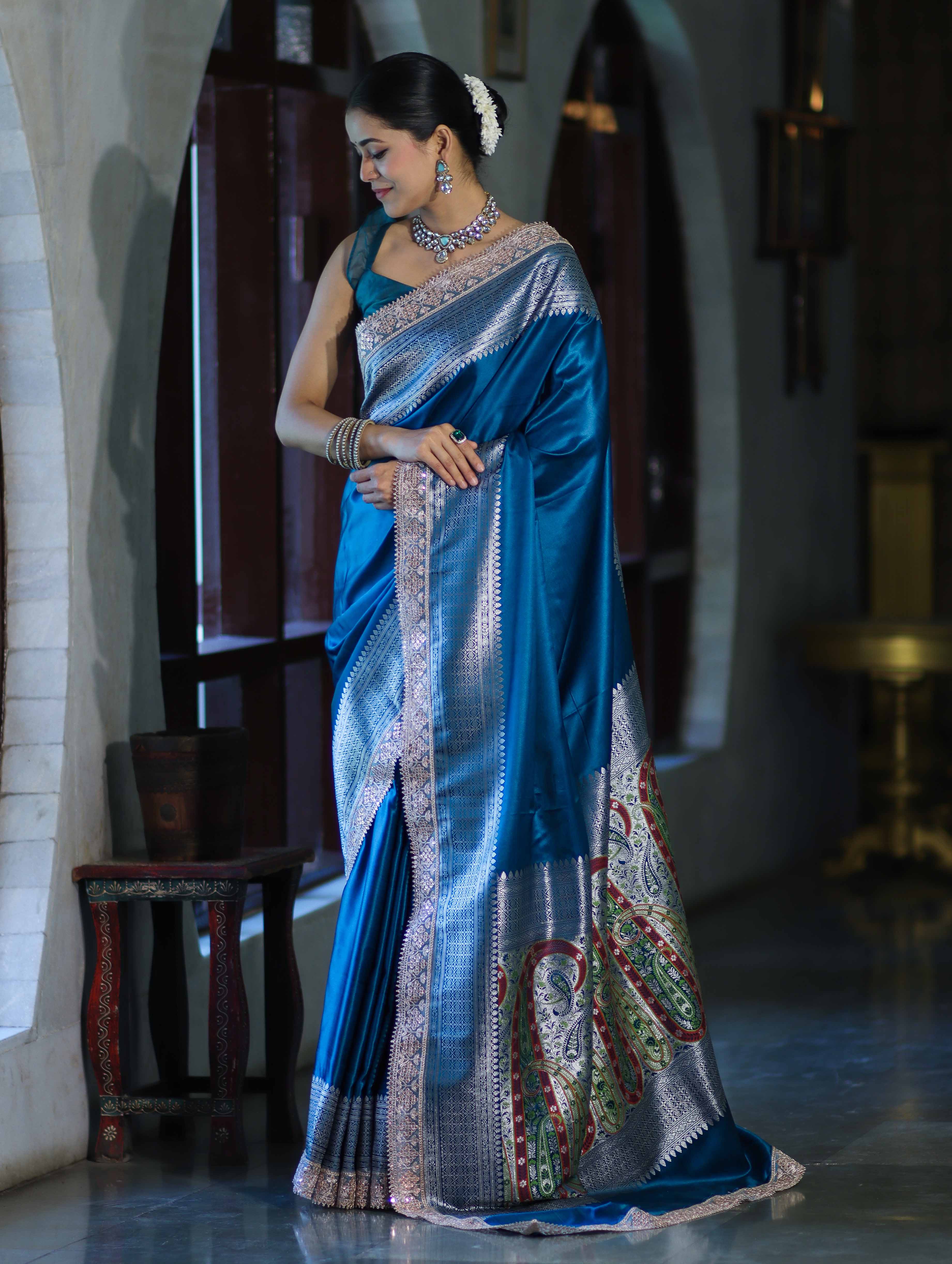 Banarasee Handloom Plain Mashru Silk Saree With Lace Border & Meenadar Pallu-Blue