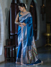 Banarasee Handloom Plain Mashru Silk Saree With Lace Border & Meenadar Pallu-Blue