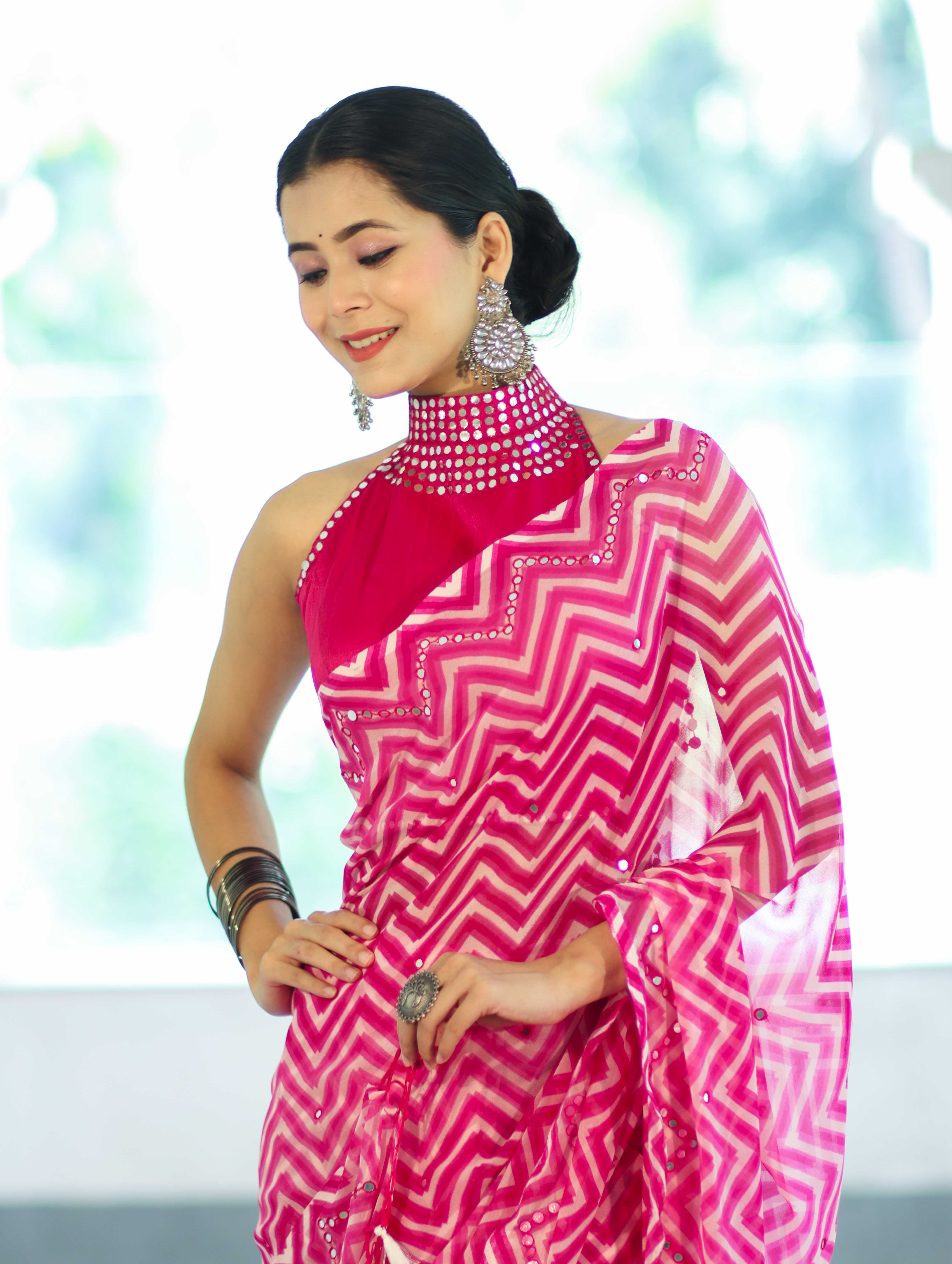 Banarasee Printed Handwork Chiffon Saree-Pink