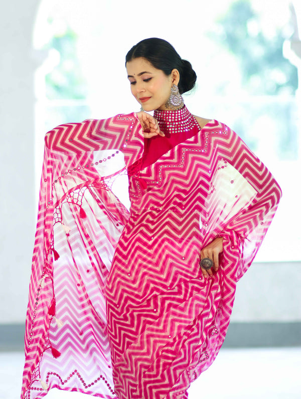 Banarasee Printed Handwork Chiffon Saree-Pink