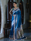Banarasee Handloom Plain Mashru Silk Saree With Lace Border & Meenadar Pallu-Blue