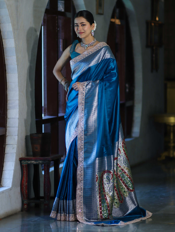 Banarasee Handloom Plain Mashru Silk Saree With Lace Border & Meenadar Pallu-Blue