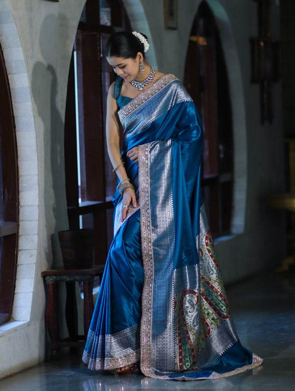 Banarasee Handloom Plain Mashru Silk Saree With Lace Border & Meenadar Pallu-Blue