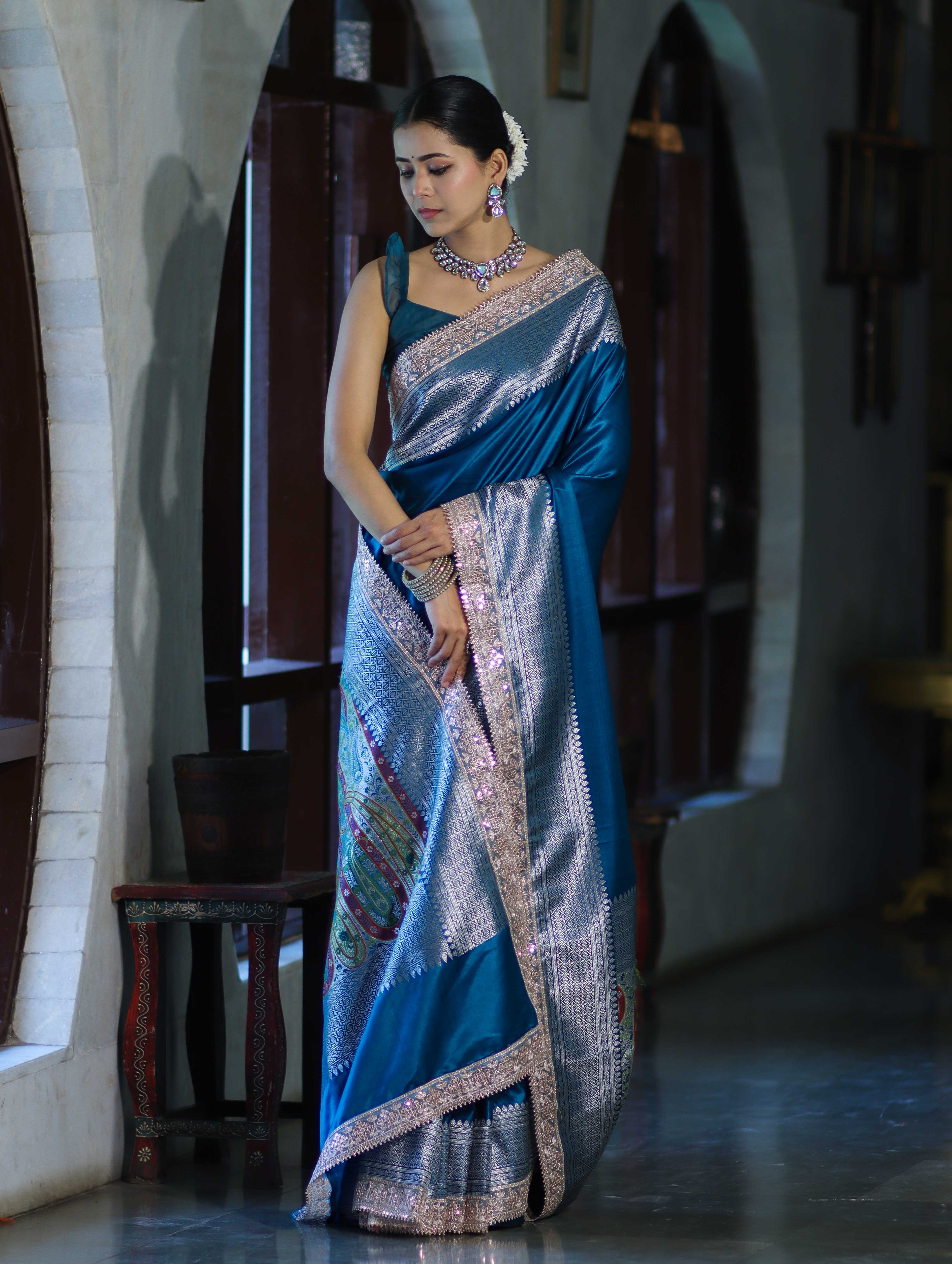 Banarasee Handloom Plain Mashru Silk Saree With Lace Border & Meenadar Pallu-Blue