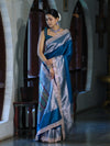 Banarasee Handloom Plain Mashru Silk Saree With Lace Border & Meenadar Pallu-Blue