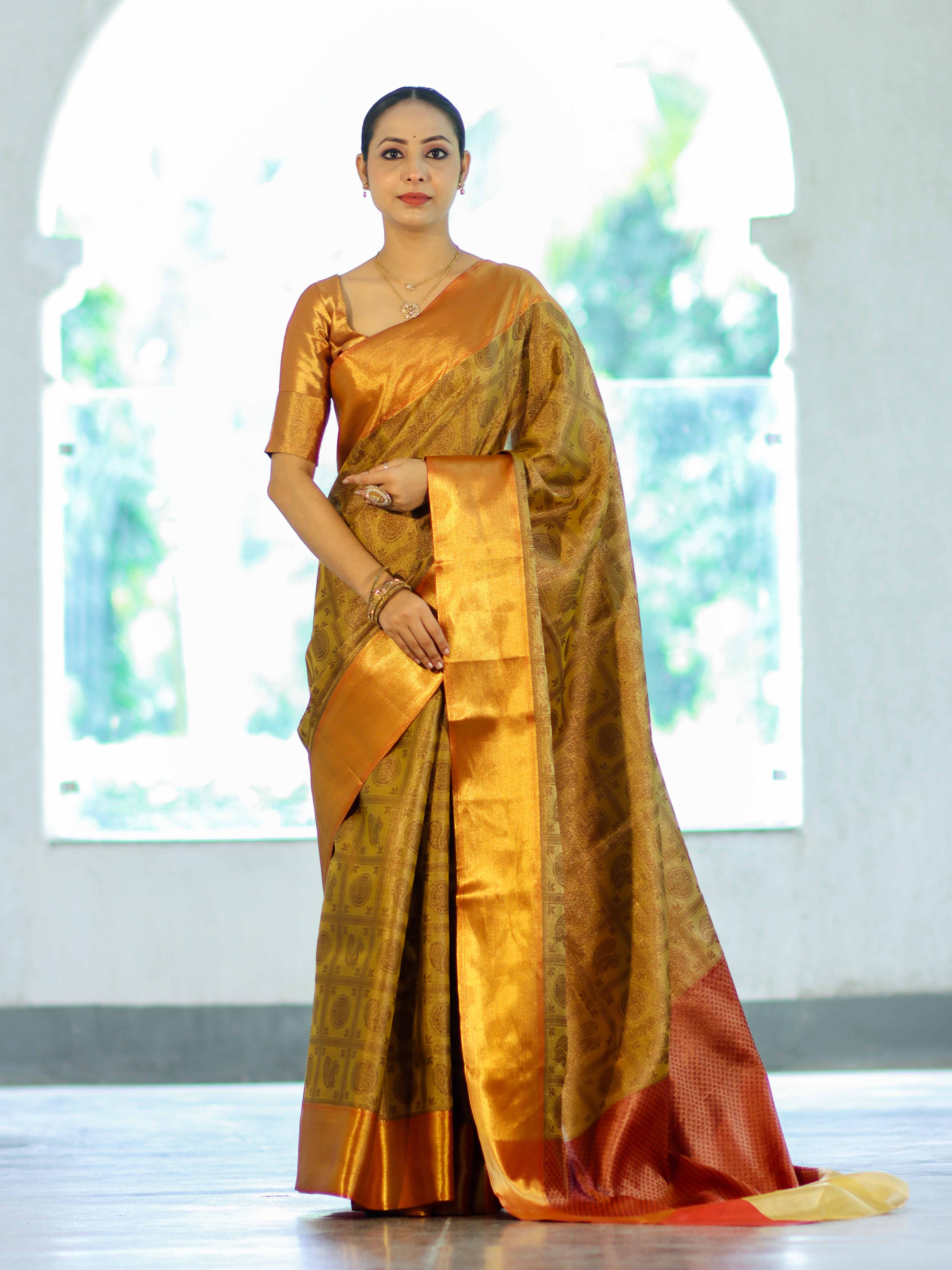 Banarasee Handloom Tissue Silk Saree With Woven Buta Design & Contrast Border-Gold