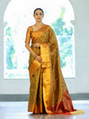 Banarasee Handloom Tissue Silk Saree With Woven Buta Design & Contrast Border-Gold
