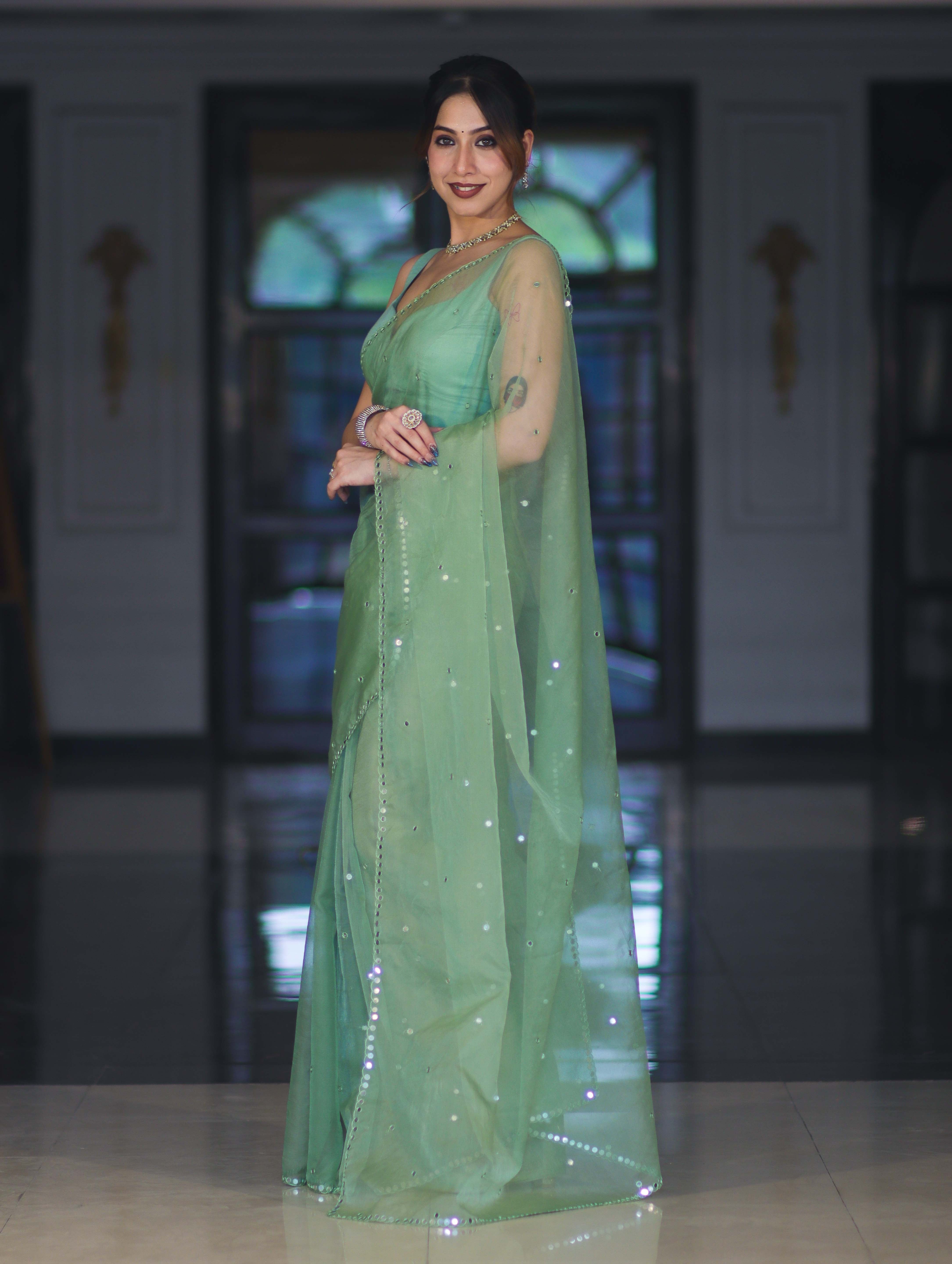 Banarasee Handwoven Organza Mix Saree With Mirror Work-Light Green