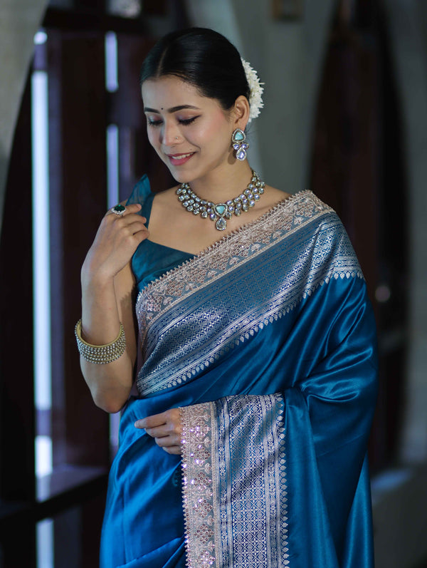 Banarasee Handloom Plain Mashru Silk Saree With Lace Border & Meenadar Pallu-Blue