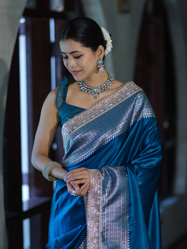 Banarasee Handloom Plain Mashru Silk Saree With Lace Border & Meenadar Pallu-Blue