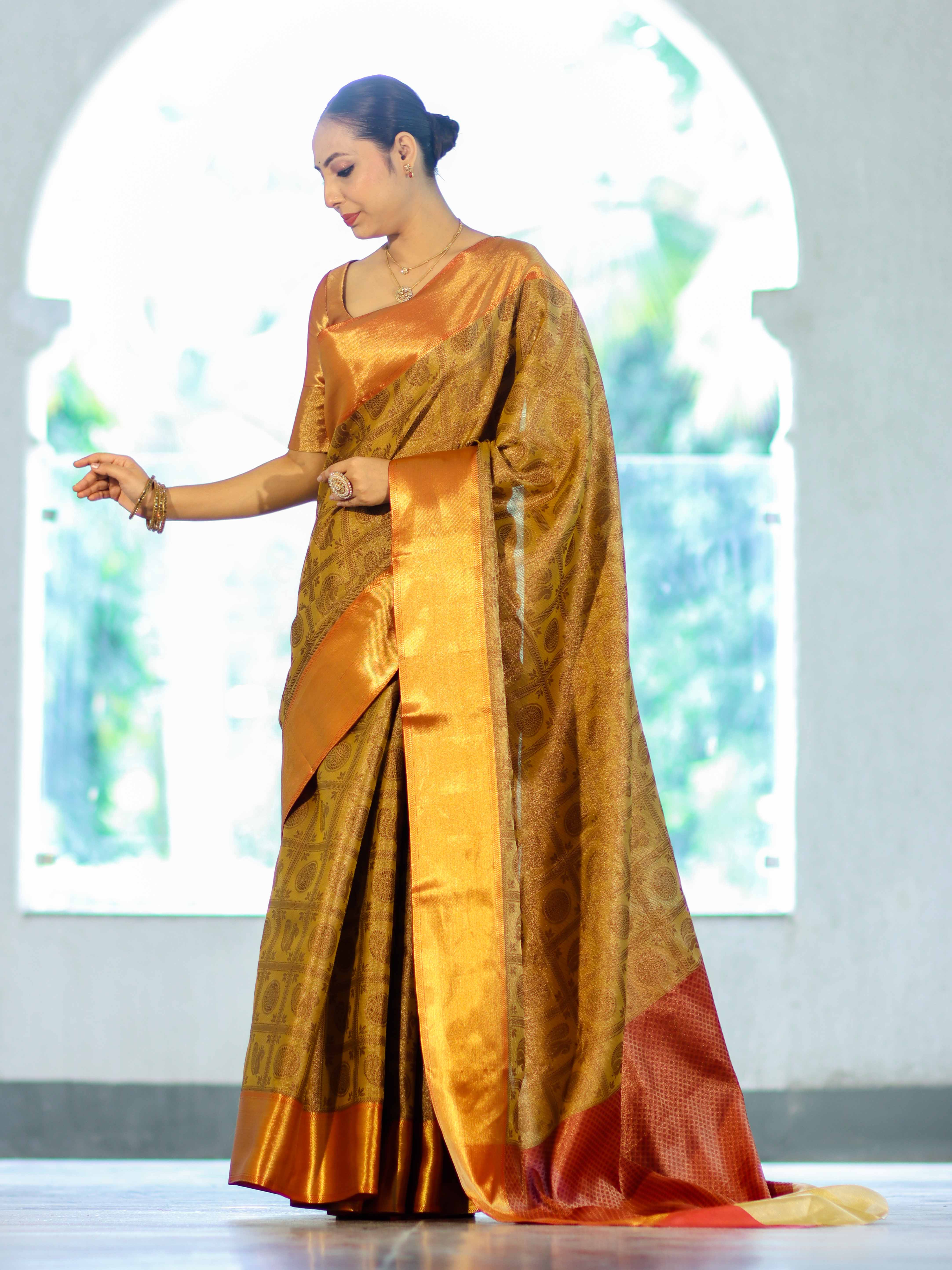 Banarasee Handloom Tissue Silk Saree With Woven Buta Design & Contrast Border-Gold