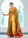 Banarasee Handloom Tissue Silk Saree With Woven Buta Design & Contrast Border-Gold