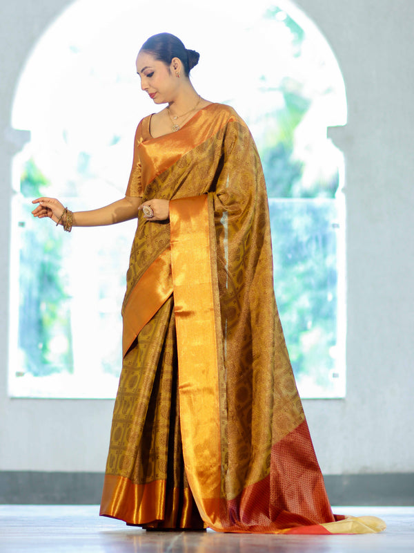 Banarasee Handloom Tissue Silk Saree With Woven Buta Design & Contrast Border-Gold