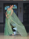 Banarasee Handwoven Organza Mix Saree With Mirror Work-Light Green