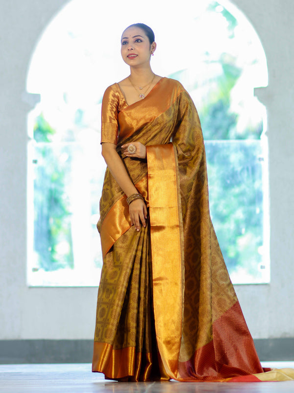 Banarasee Handloom Tissue Silk Saree With Woven Buta Design & Contrast Border-Gold