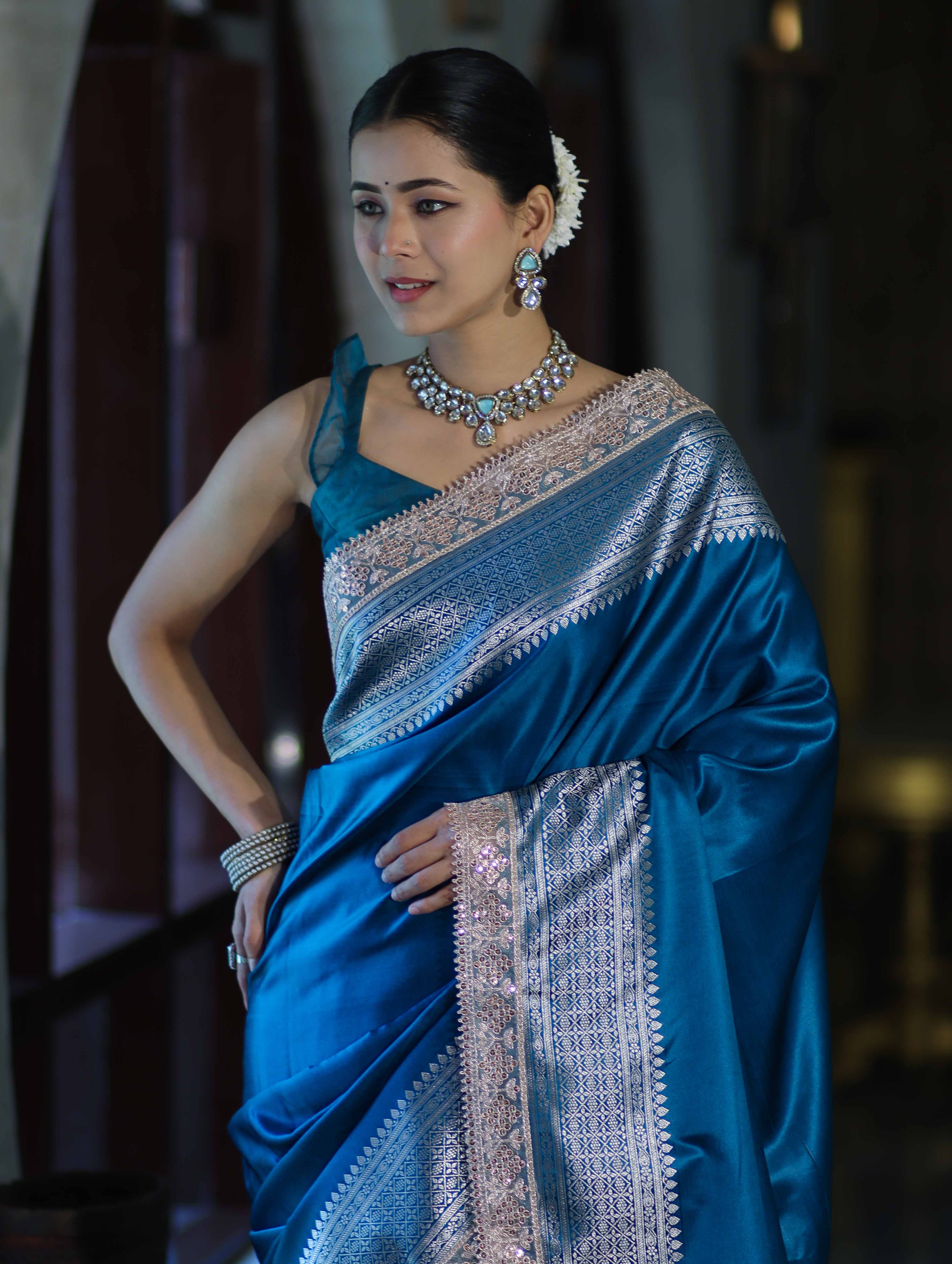 Banarasee Handloom Plain Mashru Silk Saree With Lace Border & Meenadar Pallu-Blue