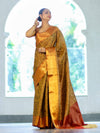 Banarasee Handloom Tissue Silk Saree With Woven Buta Design & Contrast Border-Gold