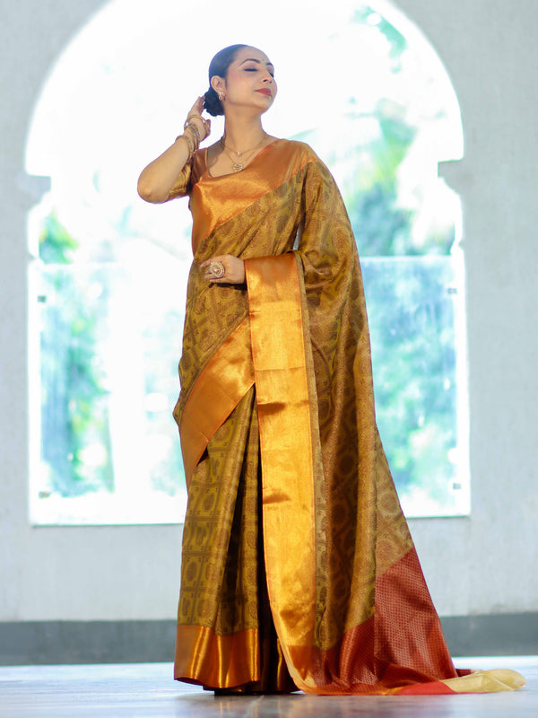 Banarasee Handloom Tissue Silk Saree With Woven Buta Design & Contrast Border-Gold