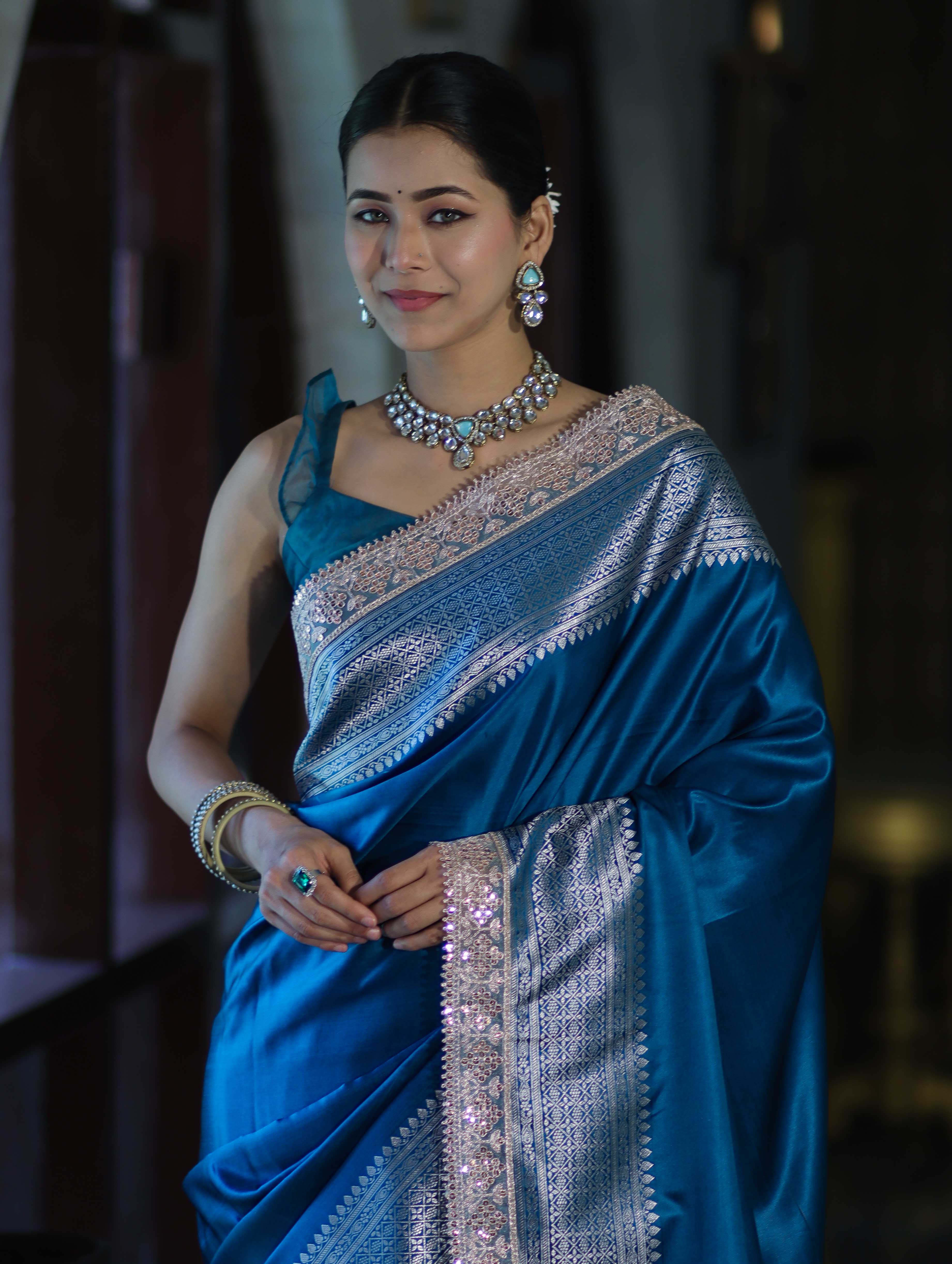 Banarasee Handloom Plain Mashru Silk Saree With Lace Border & Meenadar Pallu-Blue