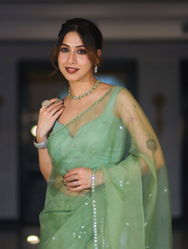Banarasee Handwoven Organza Mix Saree With Mirror Work-Light Green